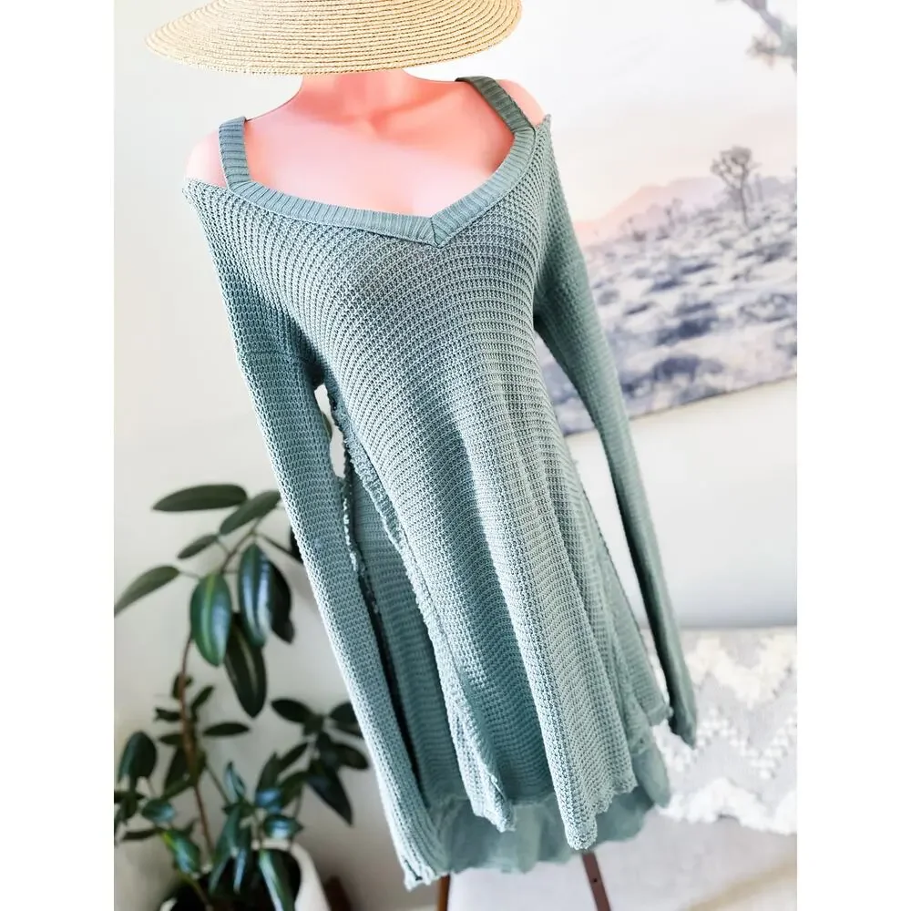 Still Meadows & Sea Glass Skies cold shoulder textural knit long tunic sweater